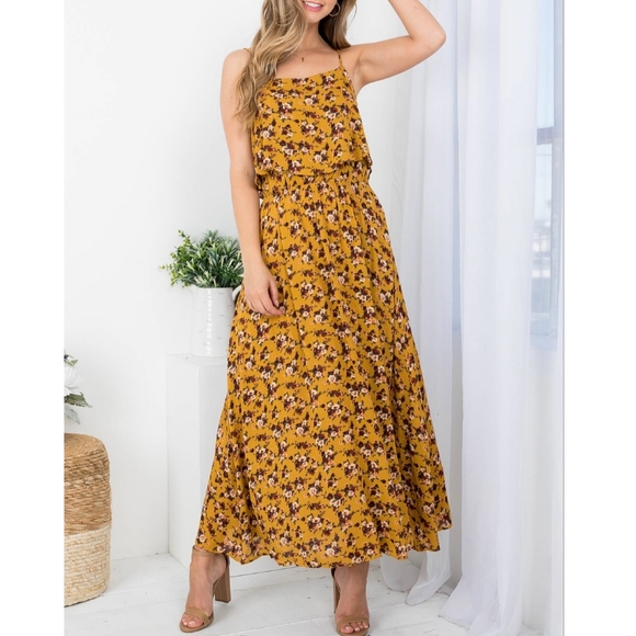 AUDREY 3+1 Mustard Floral Flounce Top Spaghetti Straps Maxi Dress - Picture 8 of 9